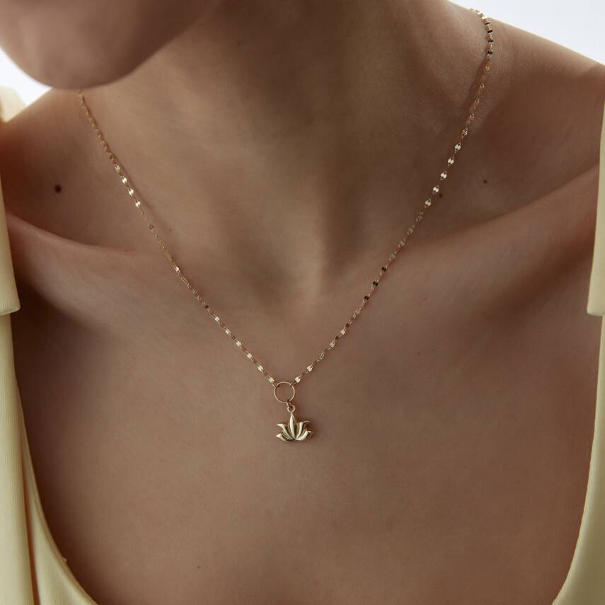 Altın Aynalı Zincirli Bombeli Lotus Kolye - 1