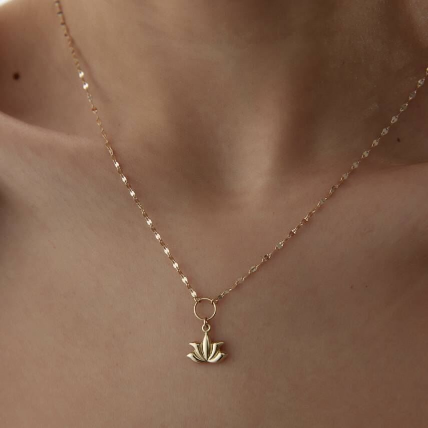 Altın Aynalı Zincirli Bombeli Lotus Kolye - 2