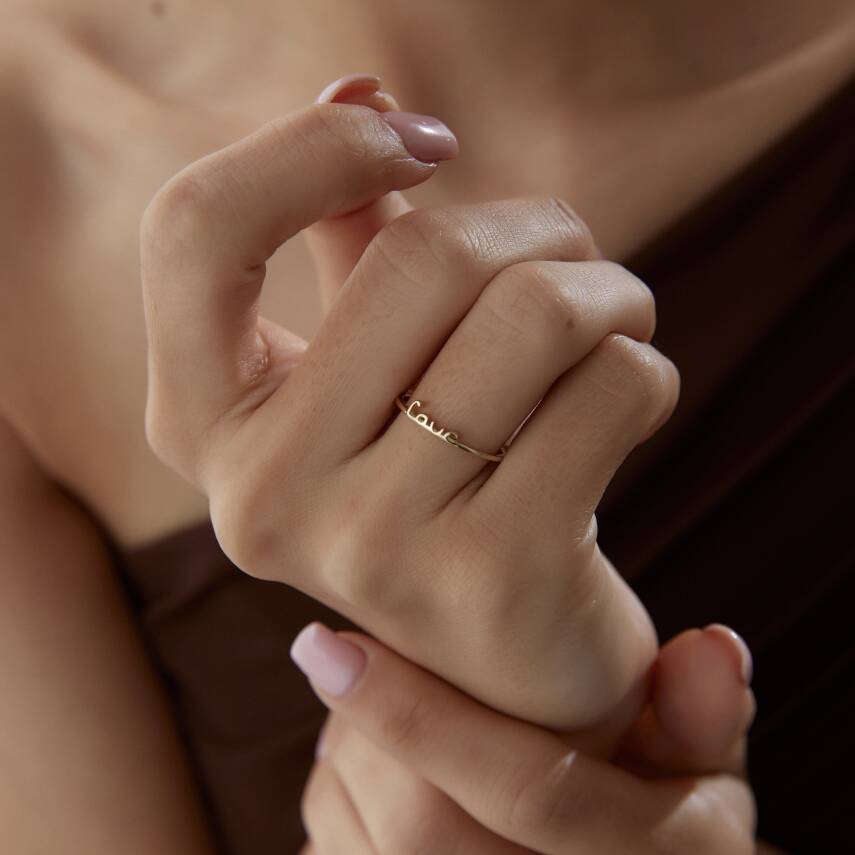 Altın Çift Taraflı Kalpli Love Yüzük - 2
