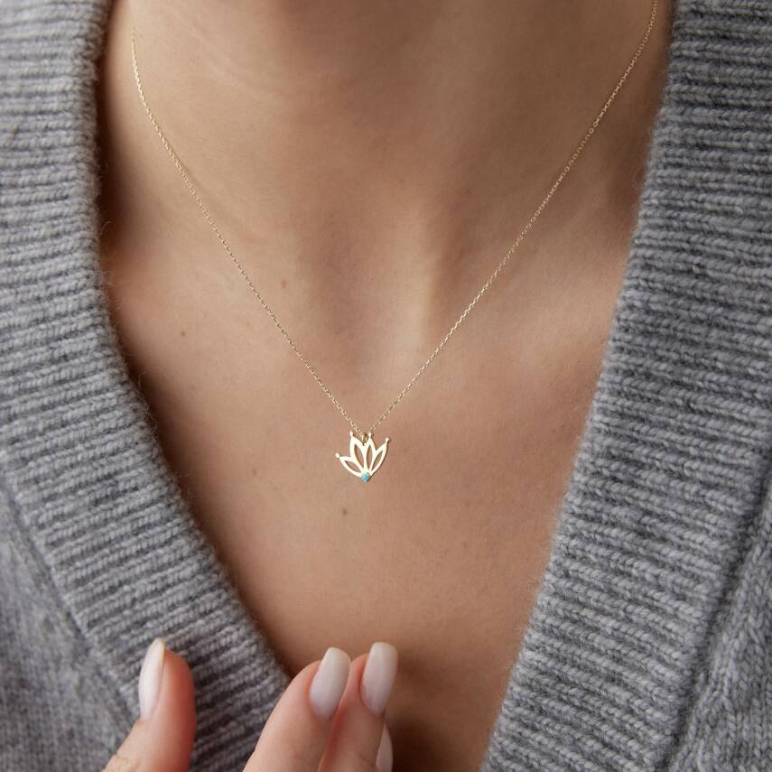 Altın Firuze Taşlı Lotus Kolye - 1