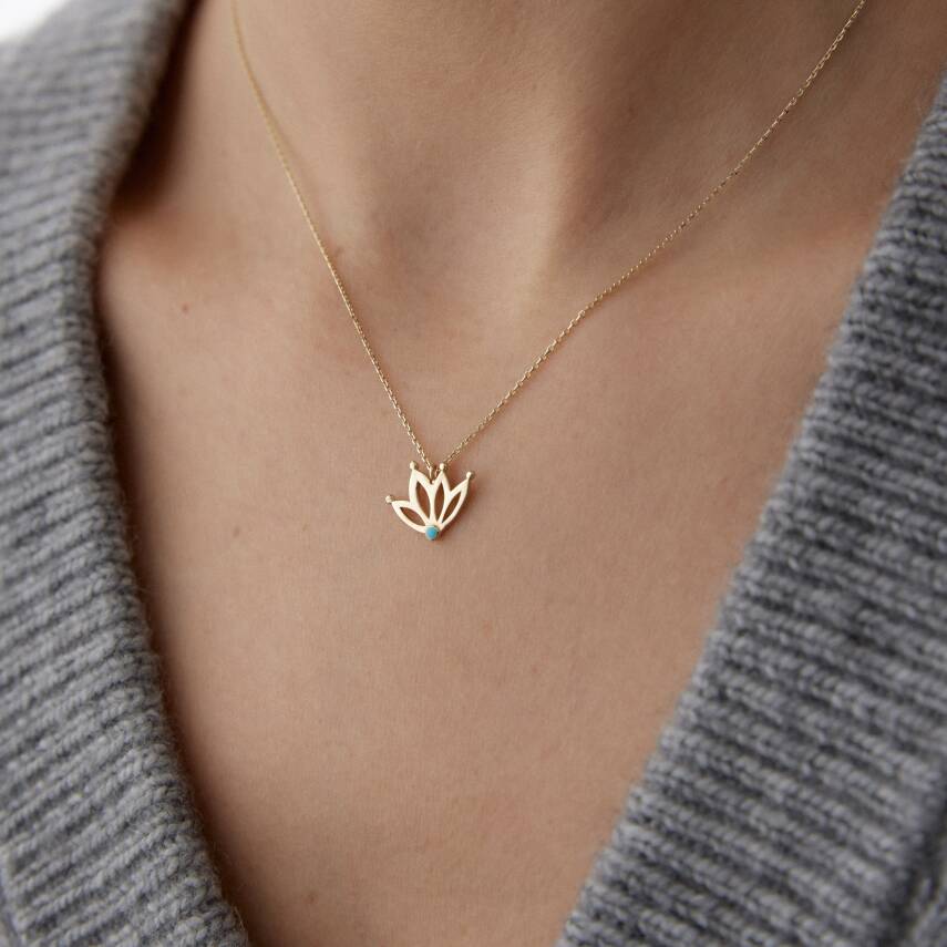 Altın Firuze Taşlı Lotus Kolye - 2