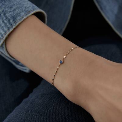 Altın Mavi Taşlı Minimal Kalp Bileklik 