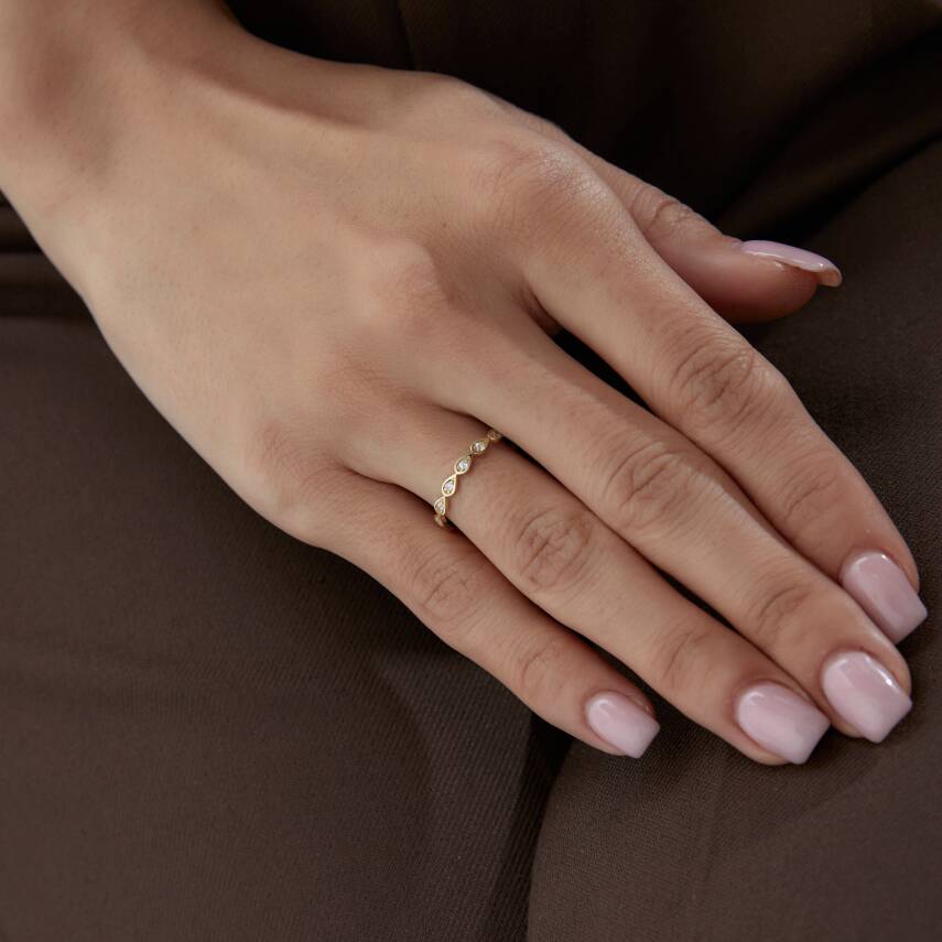 Altın Minimal Taşlı Badem Yüzük - 3