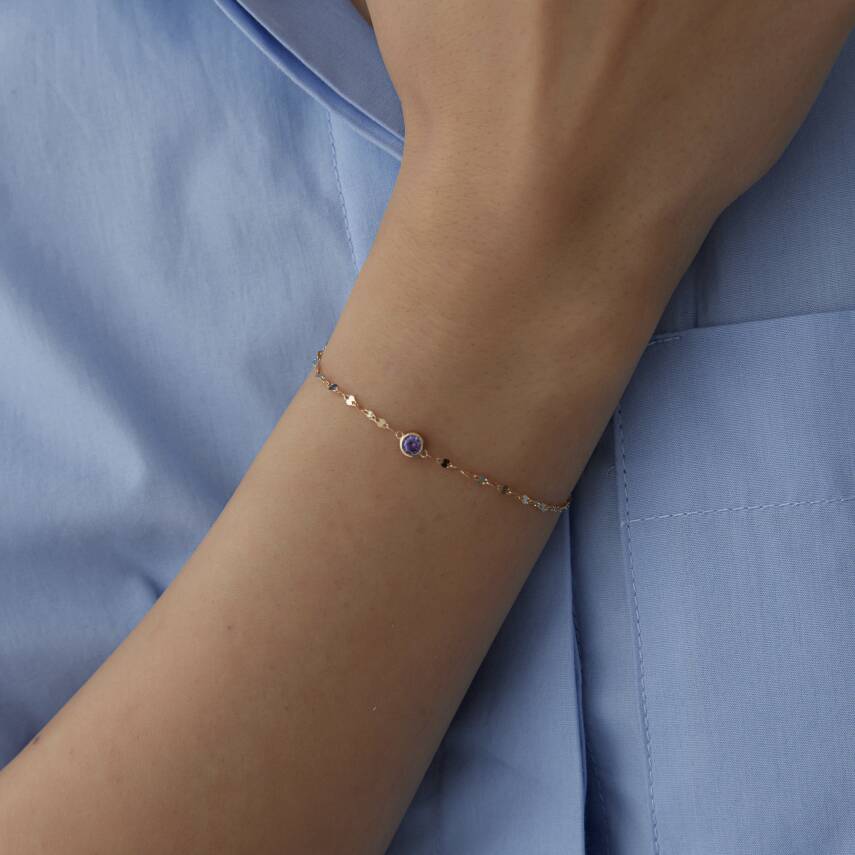 Altın Mor Taşlı Minimal Bileklik - 1
