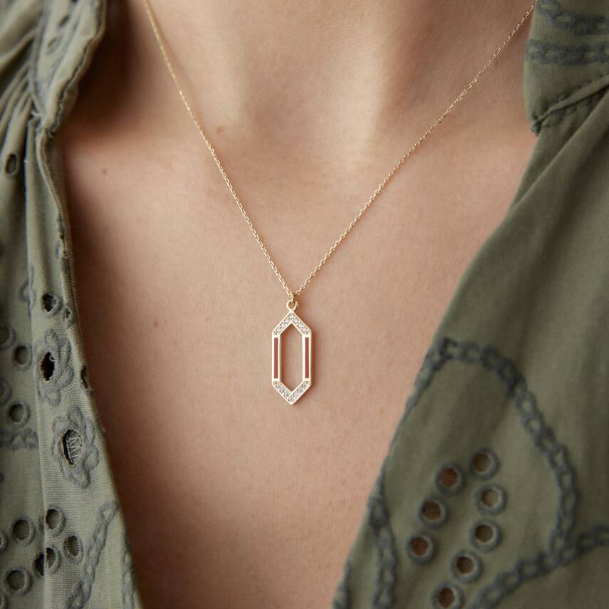 Altın Pembe Mineli Taşlı Geometrik Kolye - 2