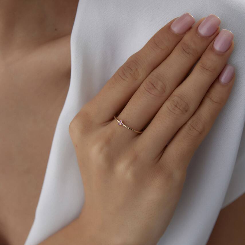 Altın Pembe Taşlı Minimal Yonca Yüzük - 1