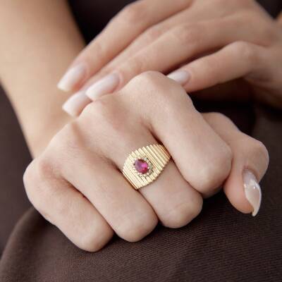 Altın Pembe Taşlı Ring Yüzük - 1