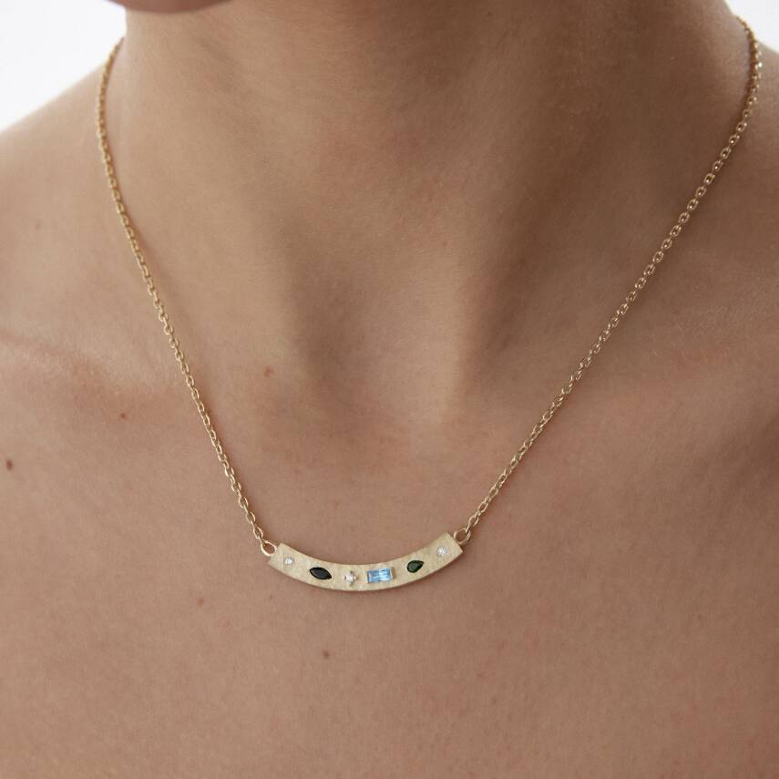 Altın Aqua Taşlı Vintage Kolye - 2