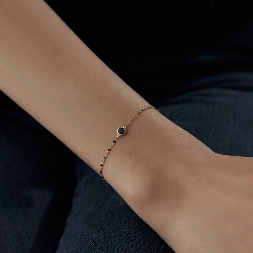 Altın Siyah Taşlı Minimal Yuvarlak Bileklik - 3