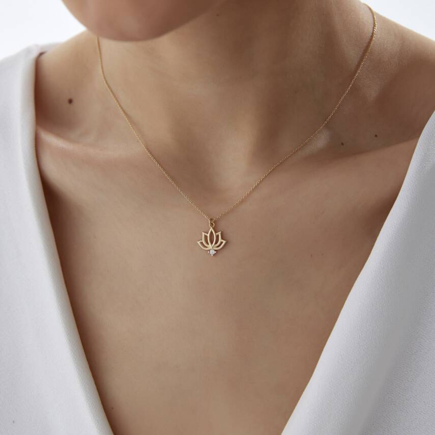 Altın Taşlı Lotus Kolye - 1