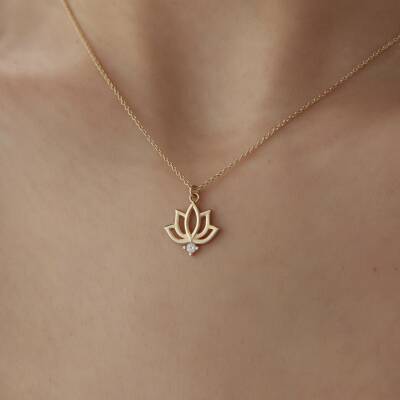 Altın Taşlı Lotus Kolye - 3