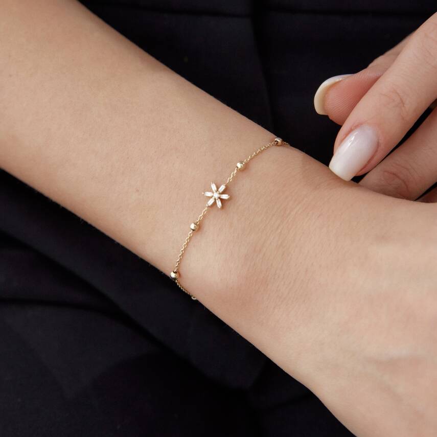 Altın Taşlı Minimal Çiçek Altın Bileklik - 2