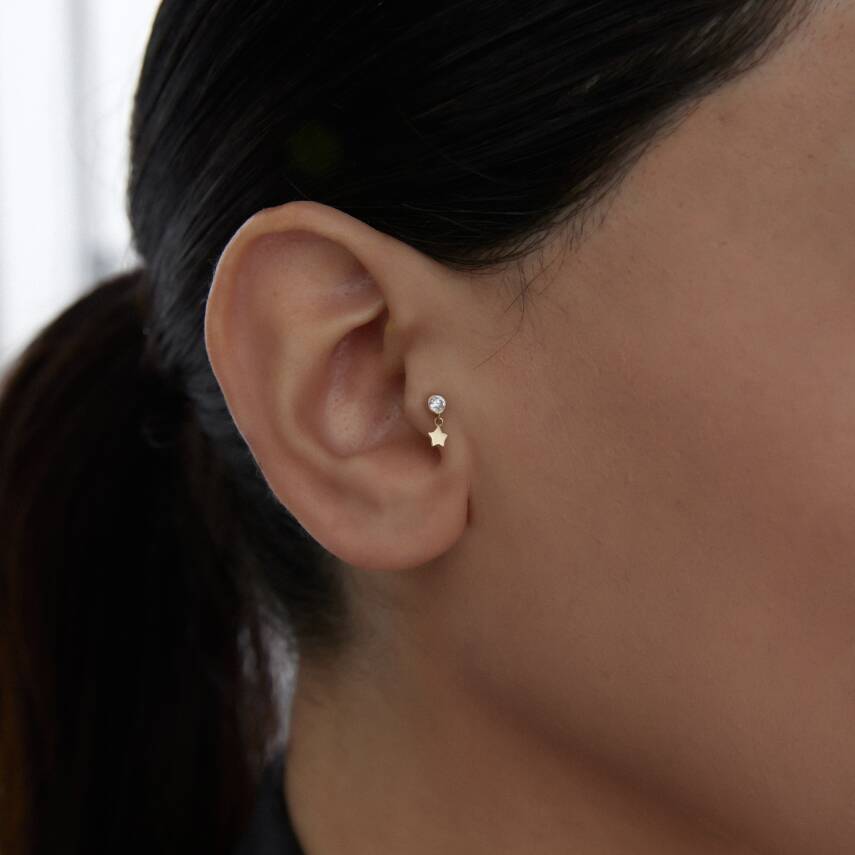 Altın Taşlı Yıldız Sallantılı Tragus Piercing - 1