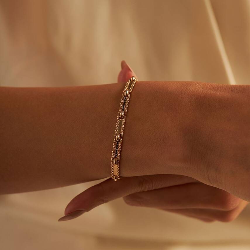 Ayna Model Siyah Taşlı Rose Altın Bileklik - 1
