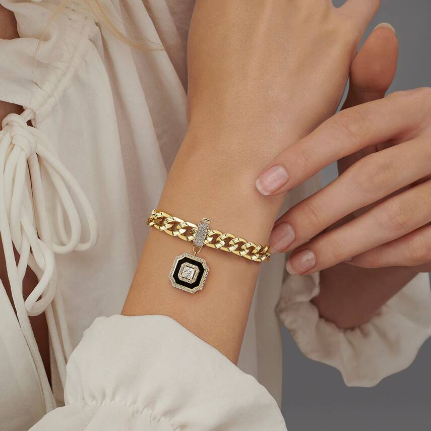 Çağla X Ema Siyah Mineli Taşlı Kare Charm - 2