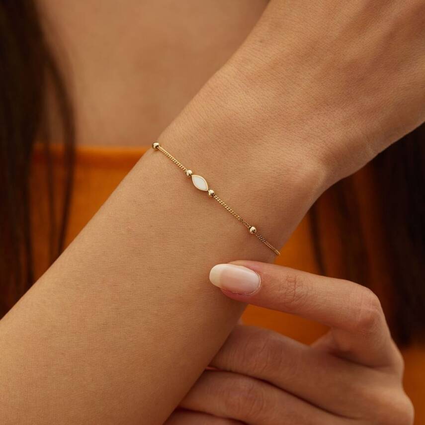 Çift taraflı Minimal Kırmızı-Beyaz Mineli Altın Bileklik - 2