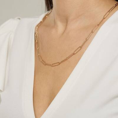 Çizgi Desenli Altın Ataç Zincir Kolye (50 Cm) - 1