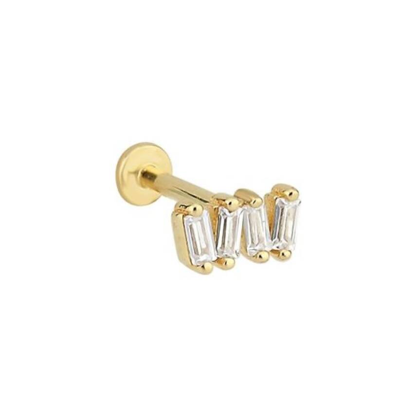 Dikdörtgen Baget Taşlı Altın Tragus Piercing - 1