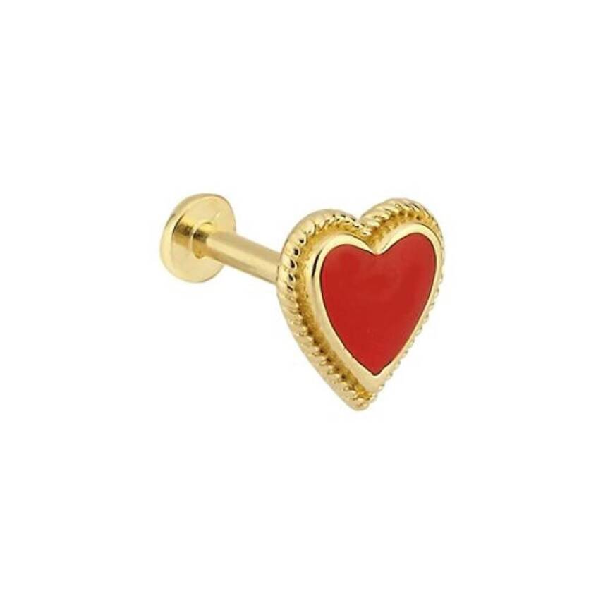 Kırmızı Mineli Altın Kalp Figürlü Tragus Küpe - 1