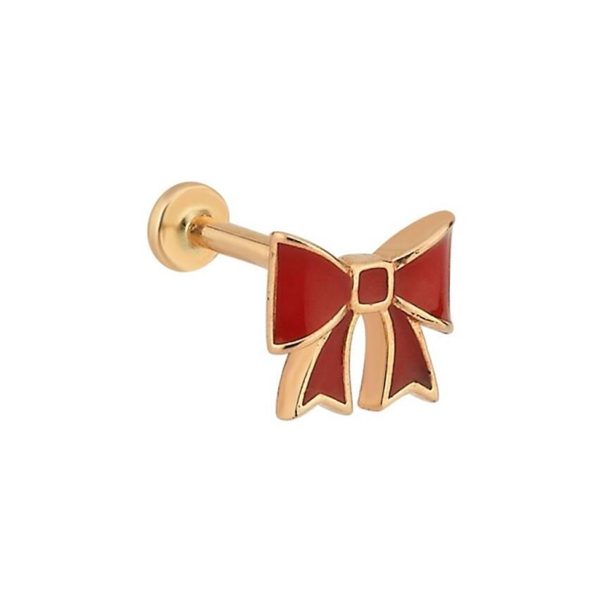 Kırmızı Mineli Kurdele Figürlü Altın Tragus Küpe - 1