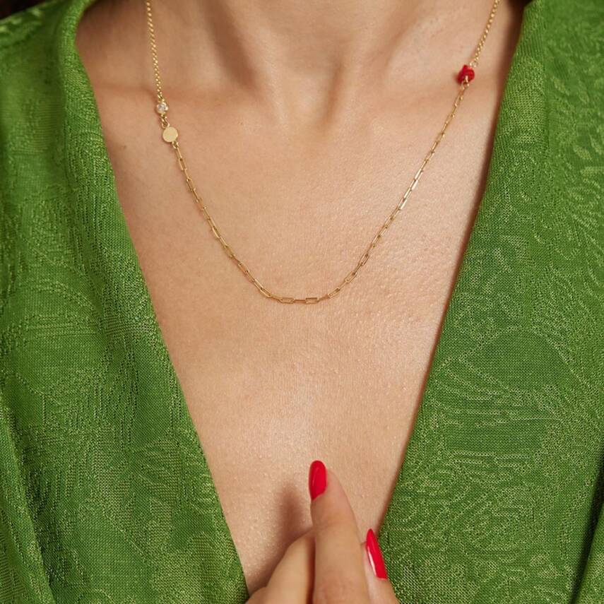 Kırmızı Taş Detaylı Altın Zincir Kolye - Semih Haşhaş Kuyumculuk