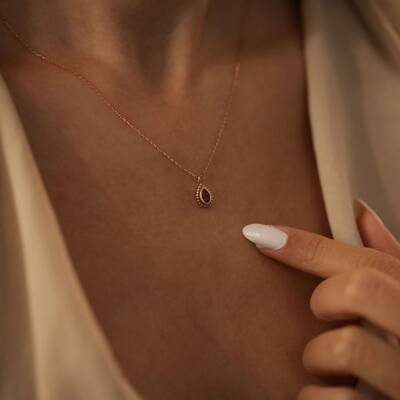 Kırmızı Taşlı Damla Rose Altın Kolye - 1