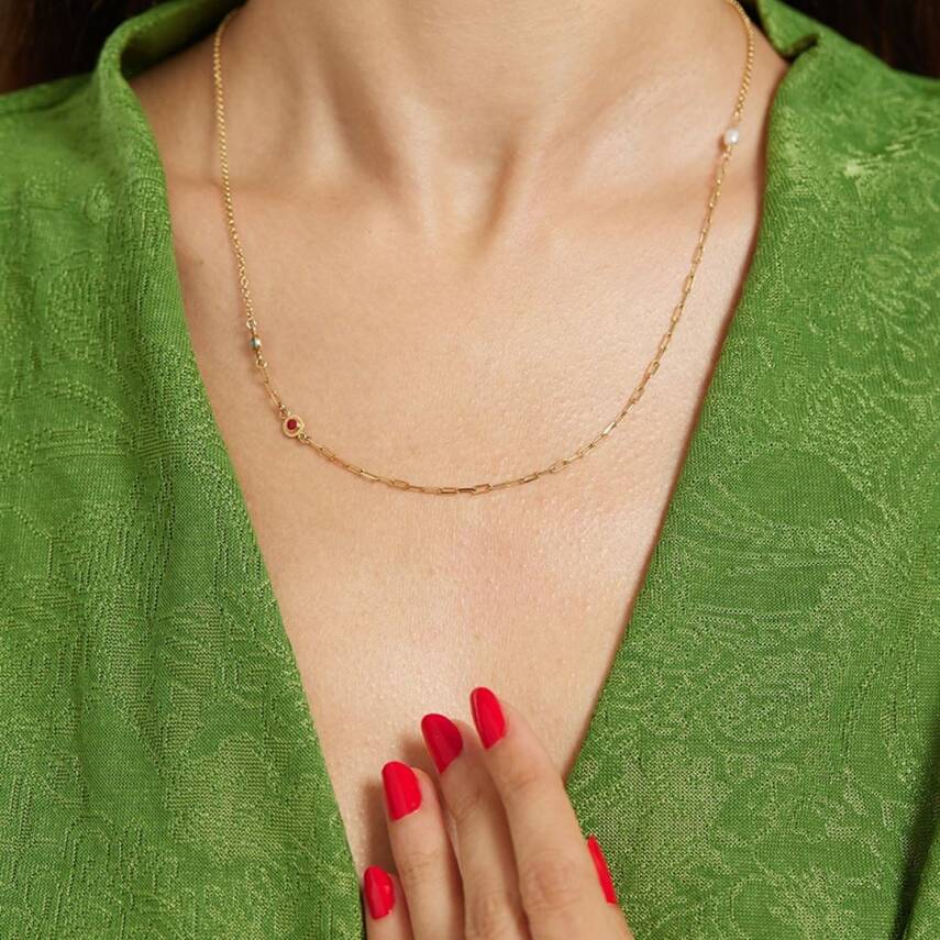 Kırmızı Ve Turkuaz Taşlı İnci Detaylı Altın Kolye - Semih Haşhaş Kuyumculuk