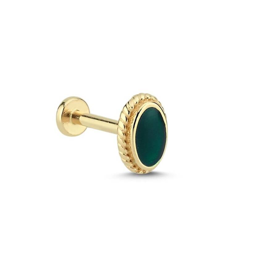 Koyu Yeşil Mineli Etrafı Burgu Model Altın Tragus Küpe - 1