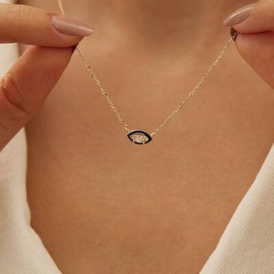 Lacivert Mineli Oval Taşlı Altın Kolye - 2