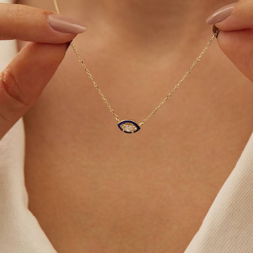 Lacivert Mineli Oval Taşlı Altın Kolye - 2