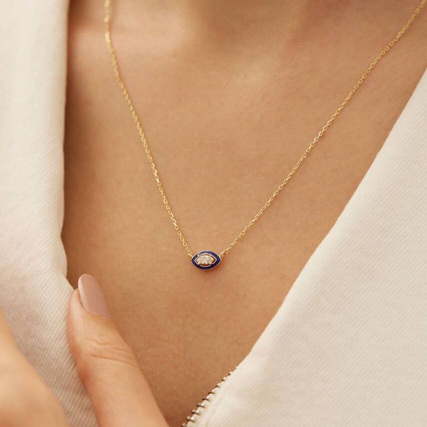 Lacivert Mineli Oval Taşlı Altın Kolye - 1
