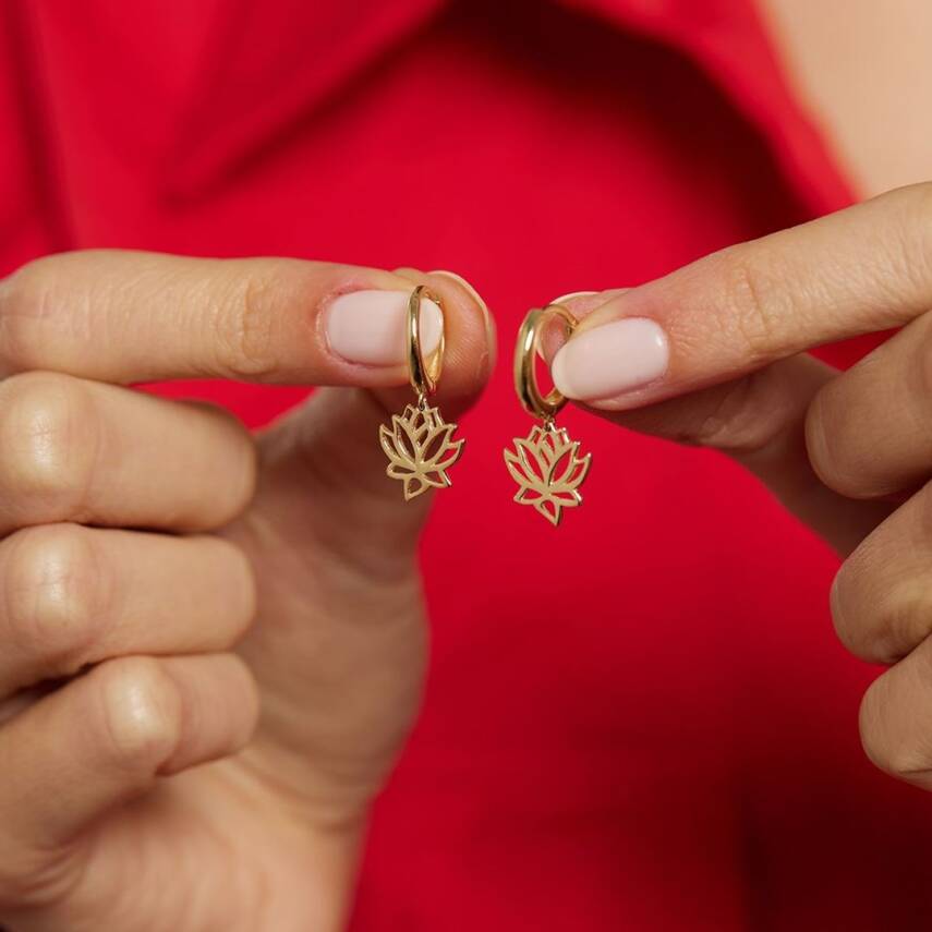 Lotus Çiçeği Sallantılı Halka Altın Küpe - 1