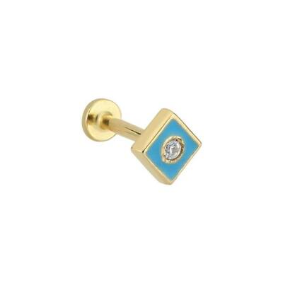 Mavi Mineli Taşlı Kare Altın Tragus Piercing - 1