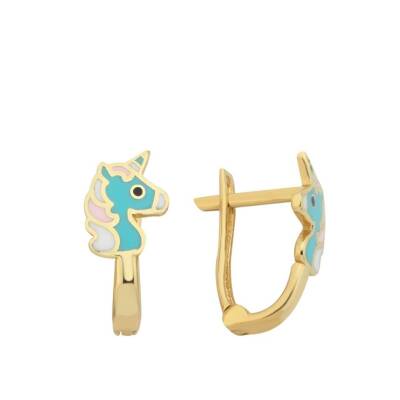 Mavi Mineli Unicorn Çocuk Altın Küpe - 1