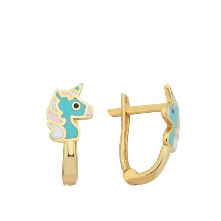 Mavi Mineli Unicorn Çocuk Altın Küpe - 1