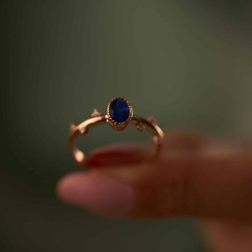 Mavi Oval Taşlı Minimal Altın Yüzük - 2