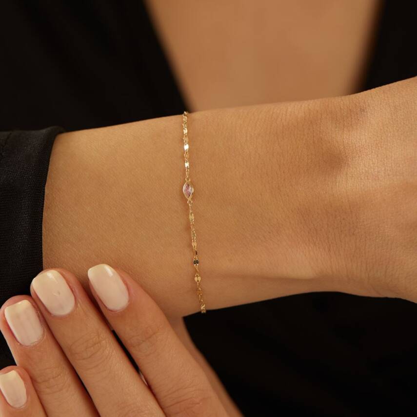 Minimal Pembe Taşlı Aynalı Zincir Altın Bileklik - 1