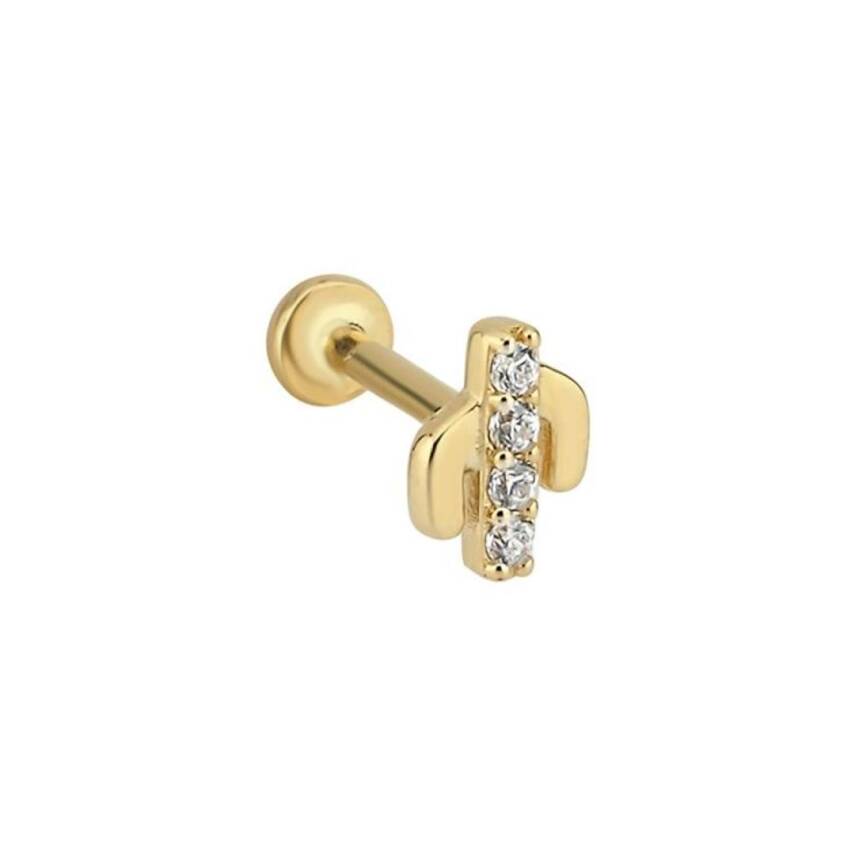 Ortası Taş Dizili Kaktüs Figürlü Altın Tragus Küpe - 1