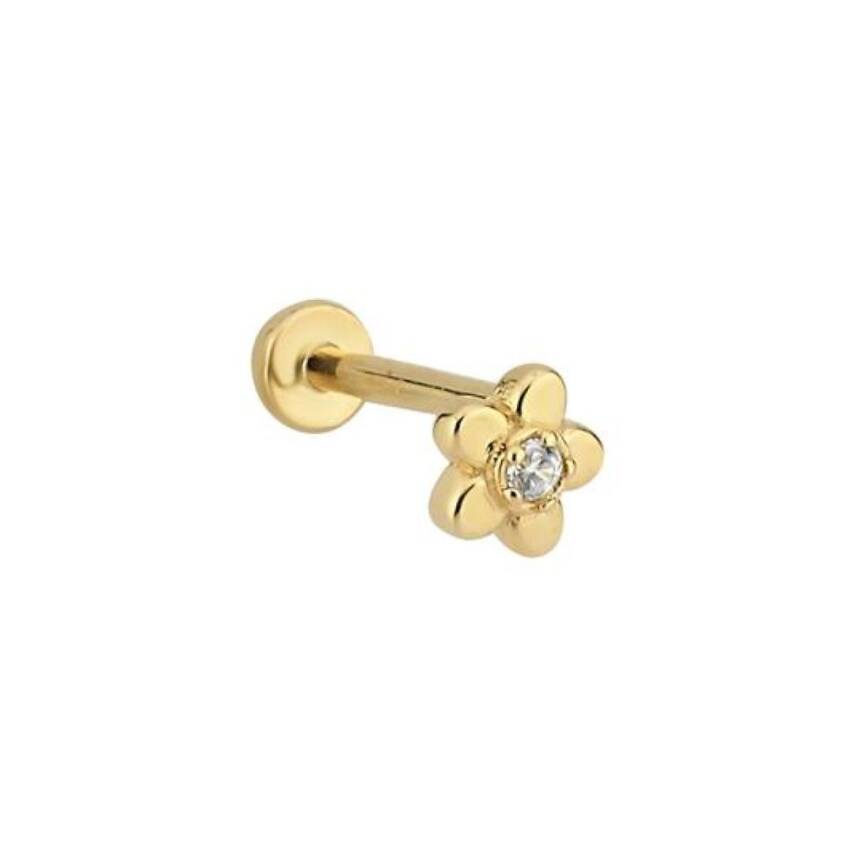 Ortası Tek Taşlı Çiçekli Altın Tragus Küpe - 1