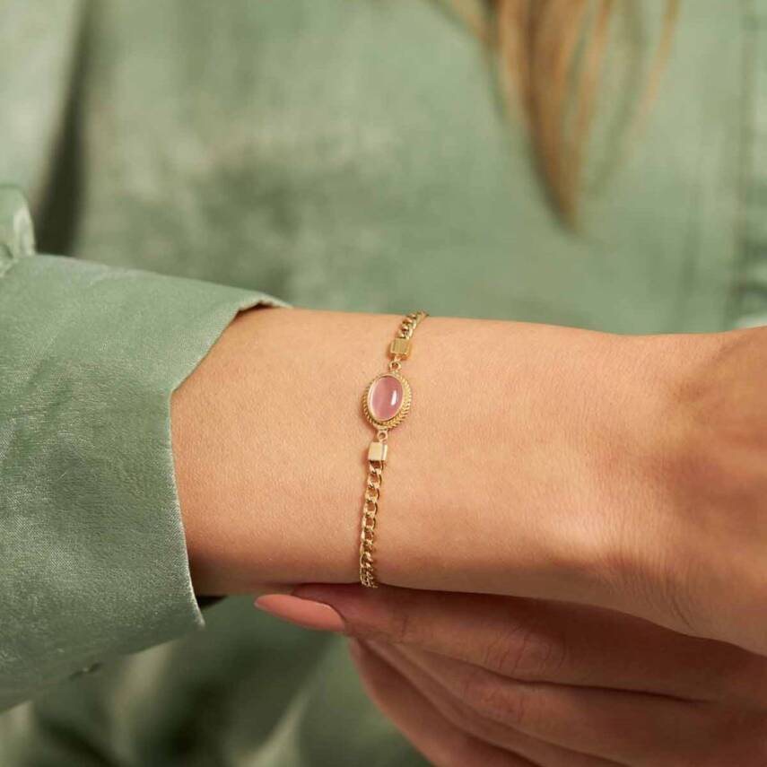 Oval Pembe Taşlı Gurmet Zincir Altın Bileklik - 1