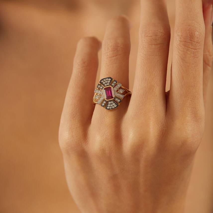 Pembe Baget Taşlı Altın Yüzük - 1