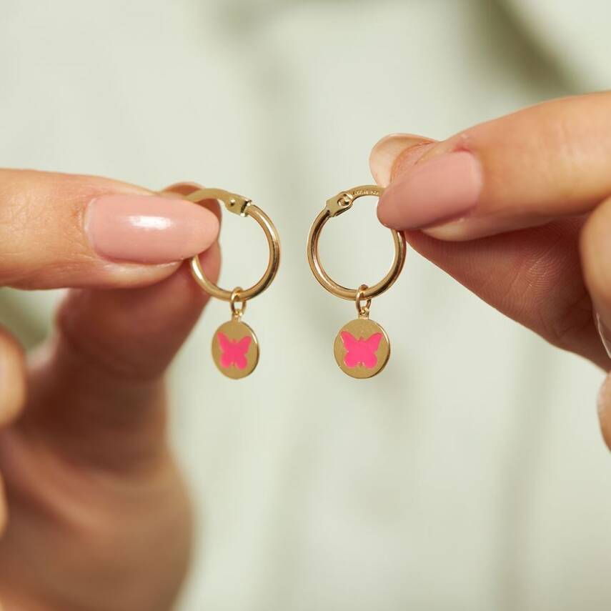 Pembe Mineli Kelebek Sallantılı Altın Küpe - 1