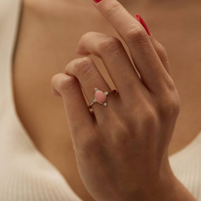 Pembe Oval Taşlı Altın Yüzük - 1