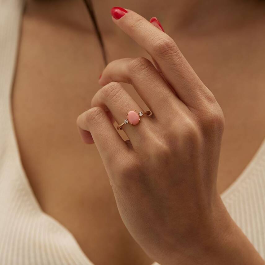 Pembe Oval Taşlı Altın Yüzük - 1