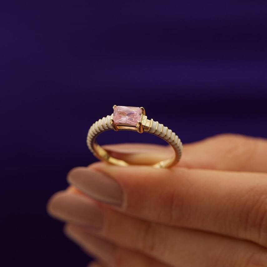 Pembe Taşlı Beyaz Mineli Altın Yüzük - 2