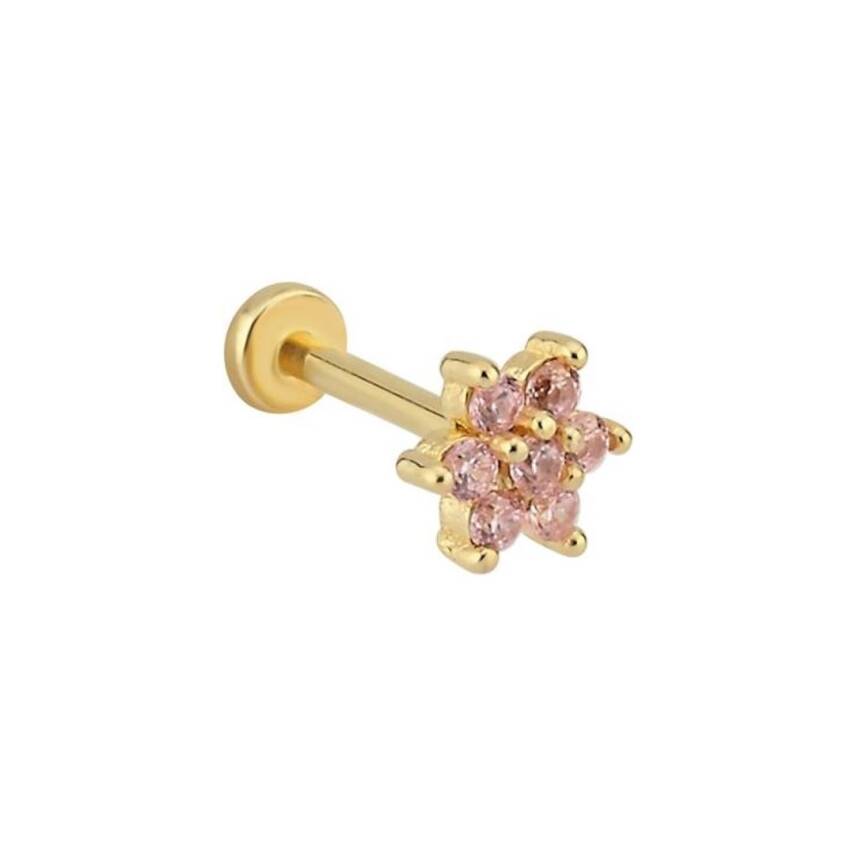 Pembe Taşlı Çiçek Altın Tragus Piercing - 1