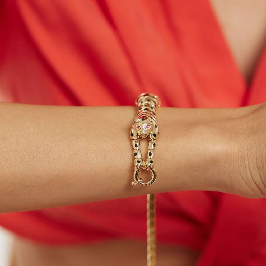 Pembe Taşlı Kaplan Altın Bileklik - SEMİH HAŞHAŞ KUYUMCULUK