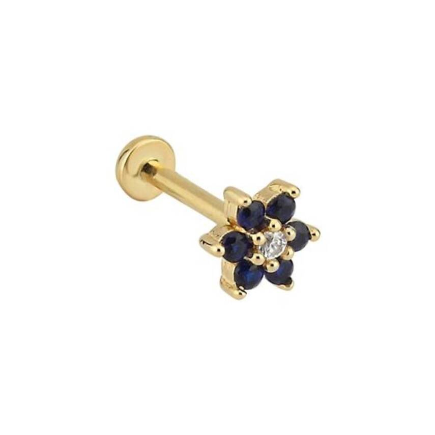 Siyah Taşlı Çiçek Altın Tragus Piercing - 1
