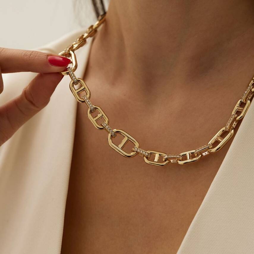 Taşlı Altın Tasarım Zincirli İri Kolye - Semih Haşhaş Kuyumculuk (1)