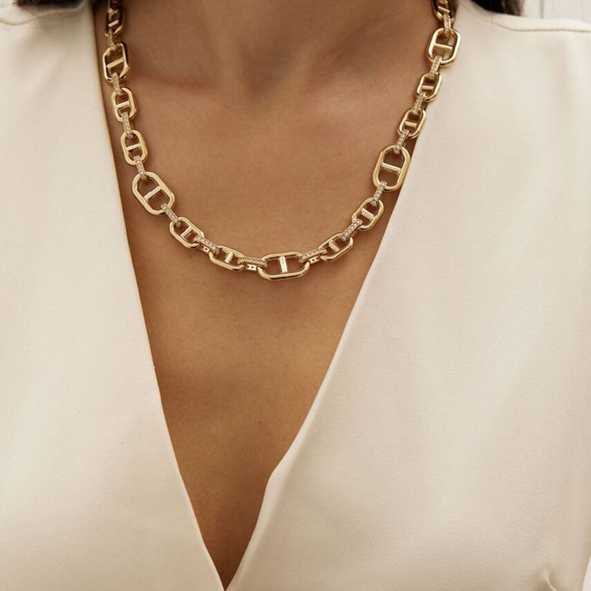 Taşlı Altın Tasarım Zincirli İri Kolye - Semih Haşhaş Kuyumculuk